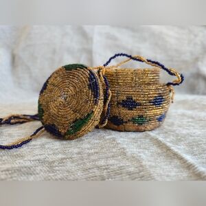 Hand Beaded Kenyan Gold Crossbody Bag with Blue & Green Accents